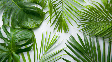 Abstract background of tropical leaves on a white background close up - obrazy, fototapety, plakaty