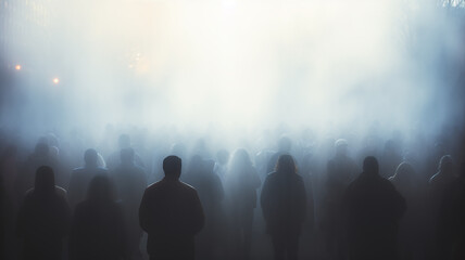 abstract silhouettes of crowds of people in the fog, blurred light background urban view traffic - 741476490