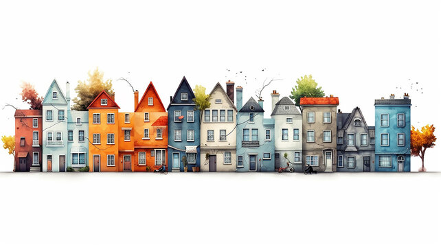 a row of colorful watercolor houses, a city street is a simple multicolored illustration for a children's book