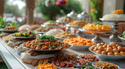 Iftar table for Ramadan kareem with traditional Arab dishes