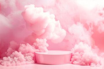 podium and minimal pink product display with smoke aroma billows background.