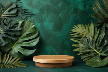 podium and minimal wood product display with tropical leaves wall green background.