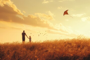 Father and son flying a kite on a meadow in the summer on a nature trail