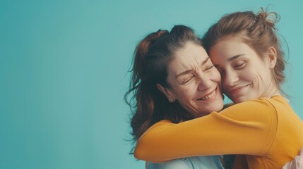 A happy, smiling elder parent mom with a young adult daughter with casual clothes hugging cuddling look camera isolated on a plain blue background. Family day concept. - obrazy, fototapety, plakaty