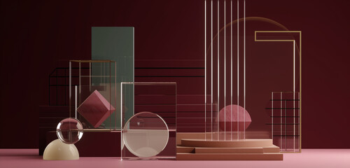 A display of geometric shapes interconnected by transparent rods, situated on an isometric floor with a rich burgundy background