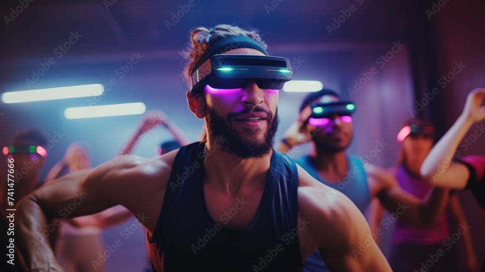 Poster a man wearing a virtual reality headset in front of a group of people. great for technology and inno