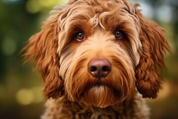 A close up of a dog's face with a blurry background. Suitable for pet-related designs