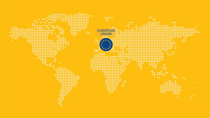European Union, EU flag icon. Vector dotted World Map infographic symbol. International global illustration, sign for business, web design, presentation, travel. Yellow, white, blue illustration - 741477876