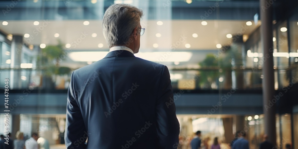 Poster a man in a suit standing in a lobby, suitable for business concepts
