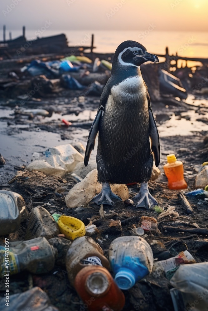 Poster A penguin standing on a pile of trash, suitable for environmental concepts