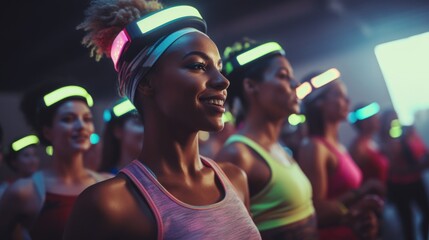 Women wearing headbands working out in a gym, ideal for fitness and wellness concepts