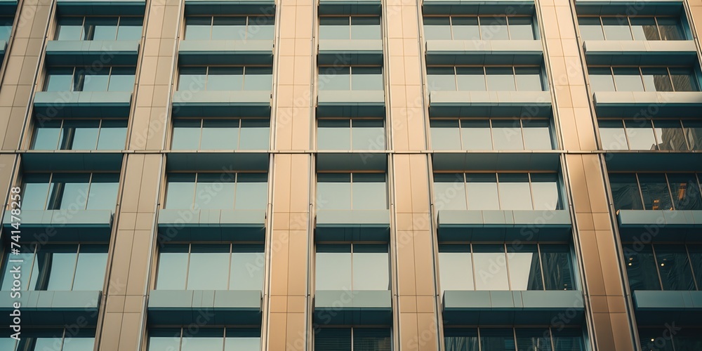 Poster tall building with numerous windows and prominent clock face