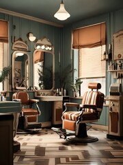 A retro-style barbershop with striped barber poles, vintage chairs, and old-fashioned grooming...