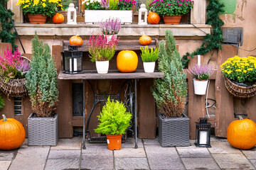 A beautiful decoration of orange pumpkins and bouquets of flowers decorates the street . - 741478232