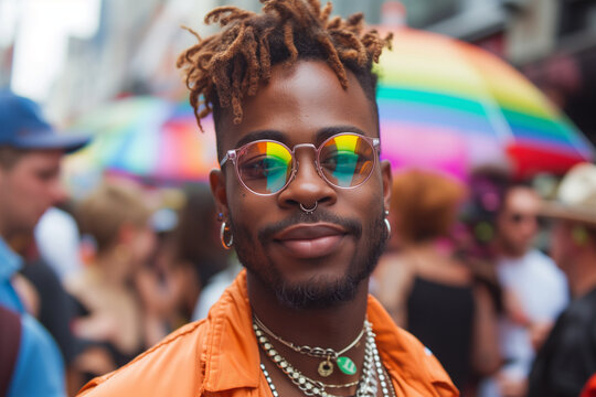 Colorful pride parade black man participant with vibrant sunglasses