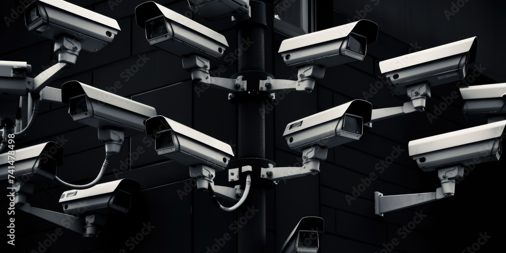 Poster a bunch of cameras mounted on a pole. suitable for surveillance and security concepts