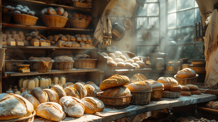 A bakery filled with staple food like bread rolls in baskets - obrazy, fototapety, plakaty
