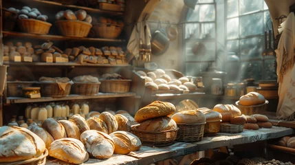 Zelfklevend Fotobehang A bakery filled with staple food like bread rolls in baskets © Валерія Ігнатенко