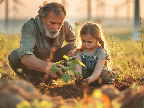 Family planting tree on Arbor day in spring. Generative AI.