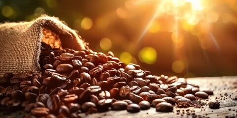 Obraz premium Coffee lover dream features heap of fresh aromatic espresso beans nestled in rustic sack resting on old wooden table essence of rich aroma seemingly wafting through air