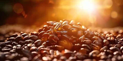 Coffee lover dream features heap of fresh aromatic espresso beans nestled in rustic sack resting on...