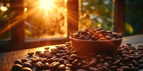Foto auf Leinwand Coffee lover dream features heap of fresh aromatic espresso beans nestled in rustic sack resting on old wooden table essence of rich aroma seemingly wafting through air © Bussakon