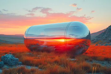Generative AI illustration of transparent futuristic capsule reflecting a vibrant sunset in a serene grassland