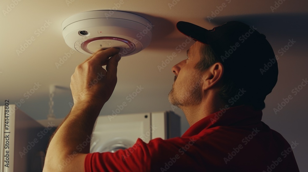 Poster a man installing a smoke detector, useful for safety and security purposes