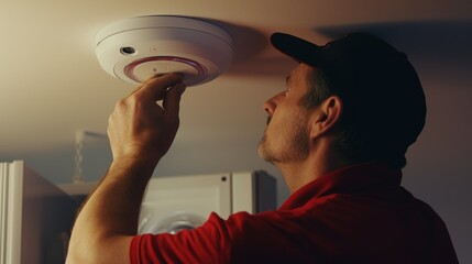 A man installing a smoke detector, useful for safety and security purposes