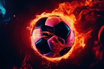 A fiery soccer ball on a dark backdrop. Suitable for sports events promotion