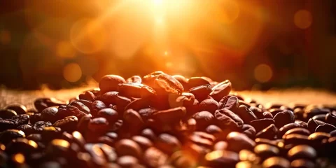 Tuinposter Coffee lover dream features heap of fresh aromatic espresso beans nestled in rustic sack resting on old wooden table essence of rich aroma seemingly wafting through air © Bussakon