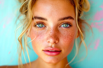 Generative AI illustration of close-up of a young woman with freckles, tousled hair, and blue eyes against a pastel background