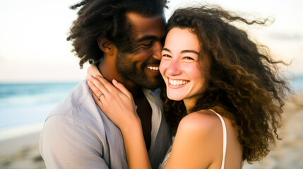 Generative AI illustration of A young couple embracing and sharing a joyful moment on a beach, with the man whispering into the woman's ear