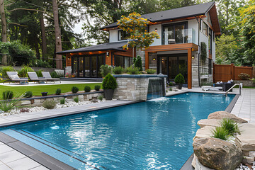 Swimming pool in backyard exterior of extraordinary luxury home
