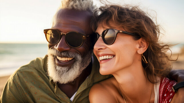 Generative AI illustration of older man with a white beard smiling with a younger woman, both wearing sunglasses at the beach