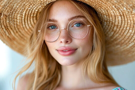 Generative AI illustration of smiling young woman with blonde hair wearing a straw hat and clear glasses