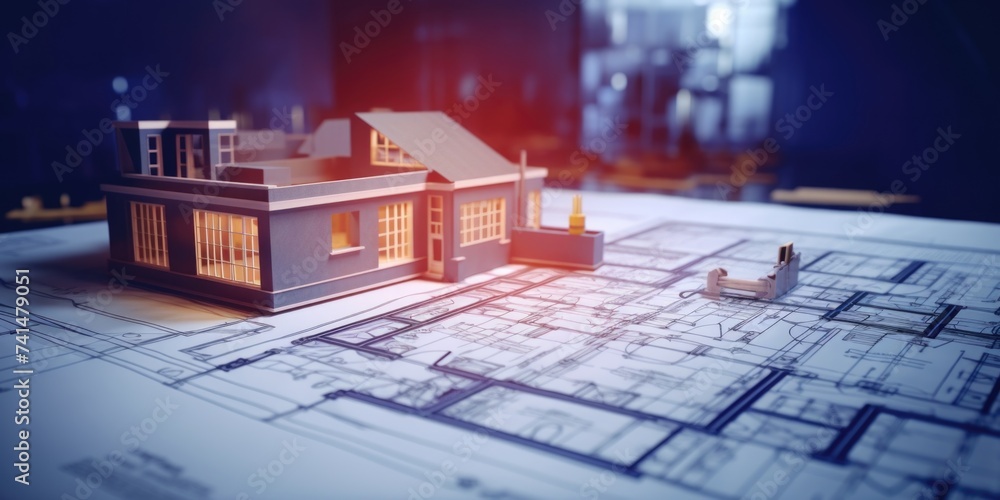 Poster a model of a house placed on top of a blueprint. suitable for real estate concepts