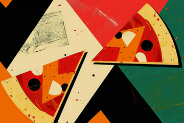 Generative AI illustration of abstract geometric composition resembling slices of pizza with a vibrant mix of red, orange, black, and white shapes, accented with splatters and speckles