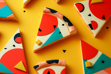 Generative AI illustration of vibrant abstract pizza slice shapes with geometric patterns on a yellow background