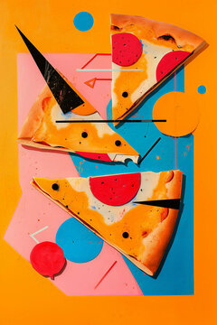 Generative AI illustration of collage of pizza slices with geometric shapes on a colorful background creating an abstract composition