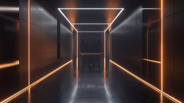 Modern futuristic spacious tunnel interior with neon lighting