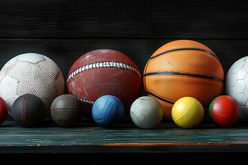 Many different sport balls on dark wooden table against black background, space for text
