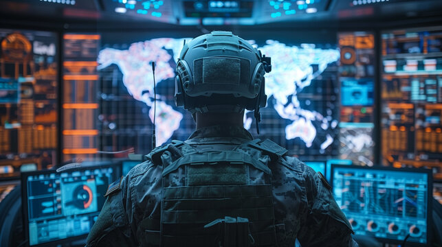 A military soldier looks at the monitor in the command centre. 
