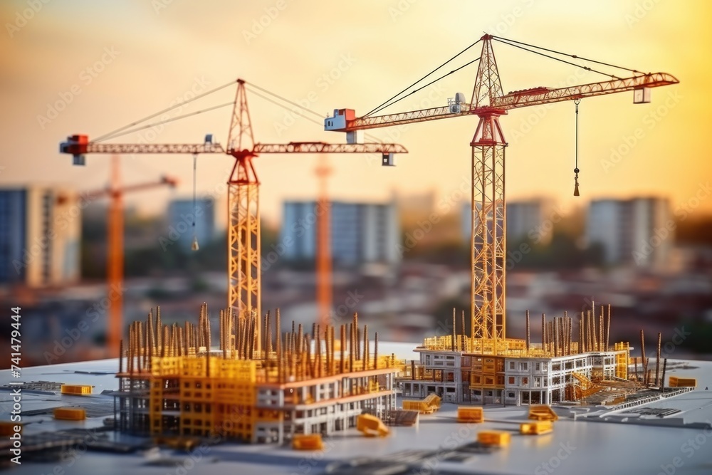 Poster group of construction cranes on top of a building. suitable for construction industry concepts