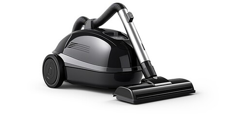 A black and silver vacuum cleaner on a white surface. Suitable for household cleaning concepts - obrazy, fototapety, plakaty