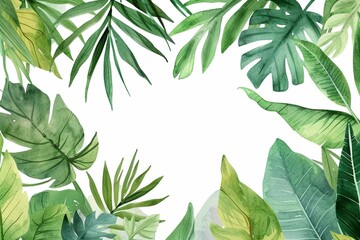 Watercolor tropical leaves frame on white background. Hand painted illustration, Hand-painted watercolor frame with tropical green leaves and branches, AI Generated