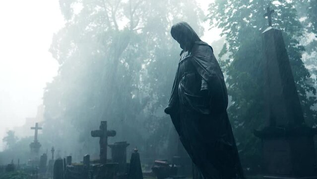 An old Mary statue at the Bernardine XIX century cemetery on heavy rain. Tombstones with crosses and trees in the background. VILNIUS, LITHUANIA - 08 15 2023.	