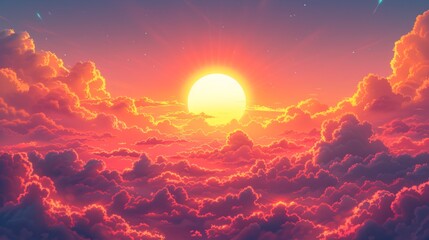 Cartoon big clouds, sunset or sunrise.