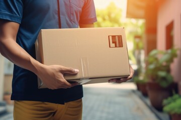 Man holding a cardboard box, useful for logistics and delivery concepts - obrazy, fototapety, plakaty