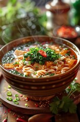 Appetizing soup with noodles, meat, red peppers and green onions in a bowl on the table. Photo for menu. High resolution